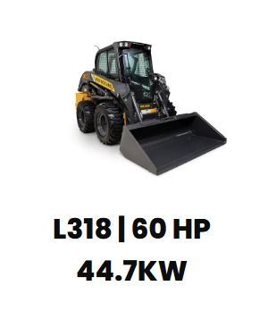 Cargadora compacta New Holland L318 negra y amarilla con cucharón.