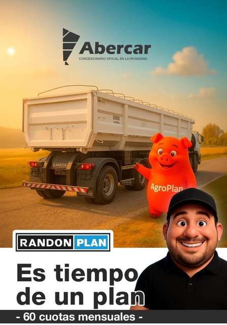 Abercar Randon truck with a mascot, happy man, and text: