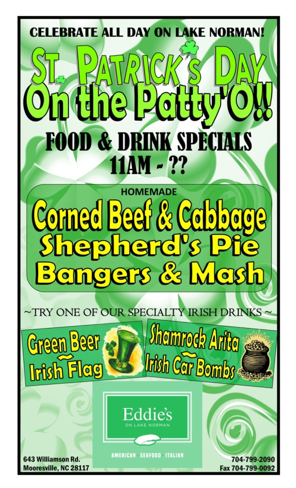 Celebrate St. Patrick’s Day on the Patty-O at Eddie’s on Lake Norman