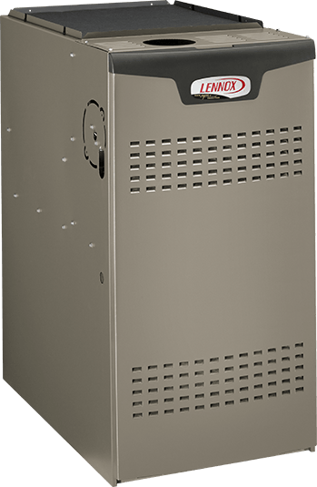 Tan Lennox furnace. Metal casing with vent openings and a black top.