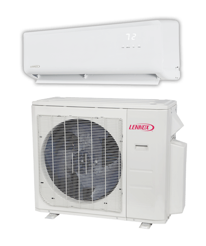 White Lennox ductless mini-split air conditioning system: indoor unit above outdoor unit.