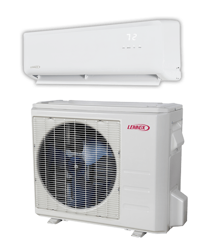 White Lennox mini-split air conditioning unit. Wall-mounted indoor unit above outdoor compressor.