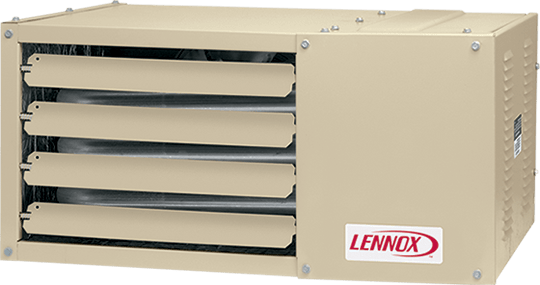 Tan Lennox electric unit heater with four louvers.