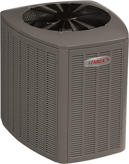 Lennox air conditioning unit, gray metal exterior, black fan on top.