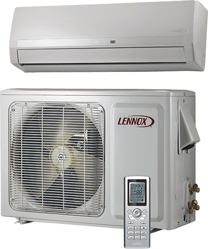 Lennox ductless mini-split air conditioner. Indoor unit is white; outdoor unit has a fan. A remote control is included.