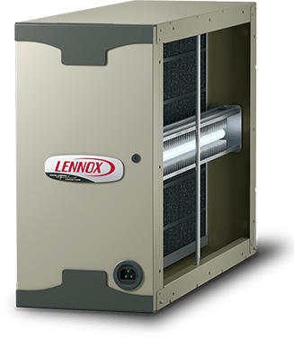 Lennox air purifier, beige metal cabinet, air filters visible inside, Lennox logo on front.