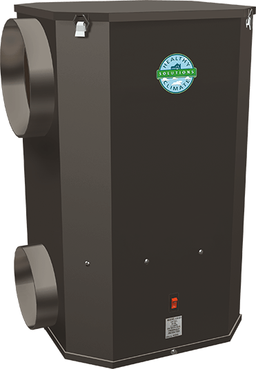 Black air filter with two circular ports, and a power switch.