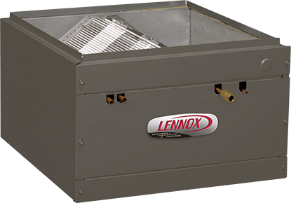 Gray Lennox air handler with a filter rack, and copper tubing.