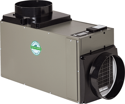 Gray and black whole-house dehumidifier with digital display and two circular duct connections.