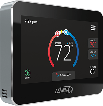 Lennox smart thermostat showing the current temperature of 72°F, heating and cooling settings, and outdoor temperature.