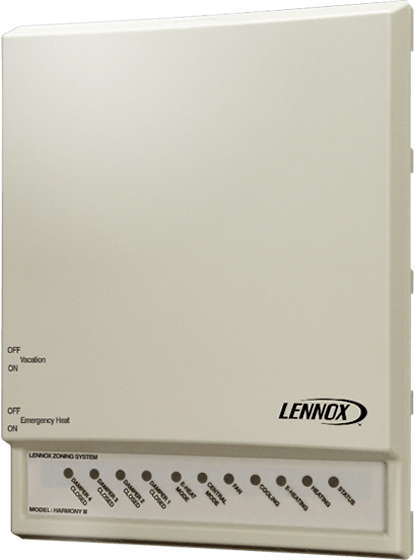 Lennox equipment control panel with indicator lights. Beige box, Lennox logo, and labeled statuses.