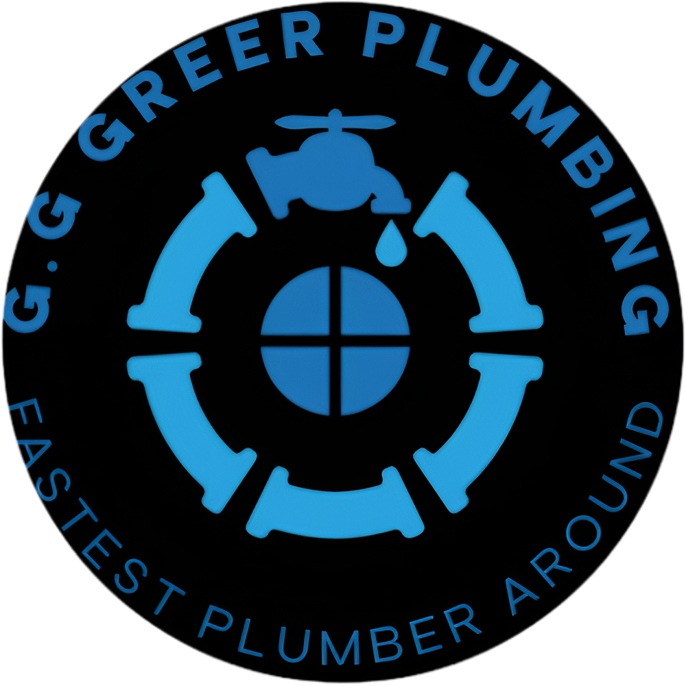 G.G. Greer Plumbing logo: blue pipes and faucet in a circle on a black background; text: 