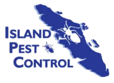 Island Pest Control logo with a blue island shape and a spider and bug illustration.