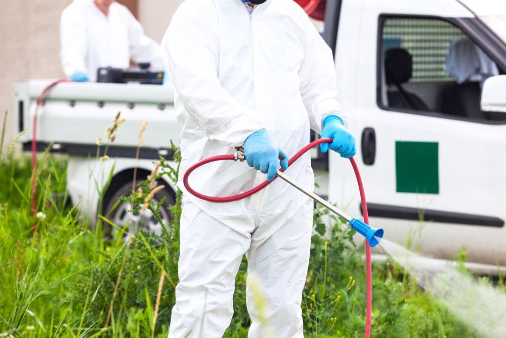 Person in protective suit spraying insecticide in a warehouse filled with smoke.