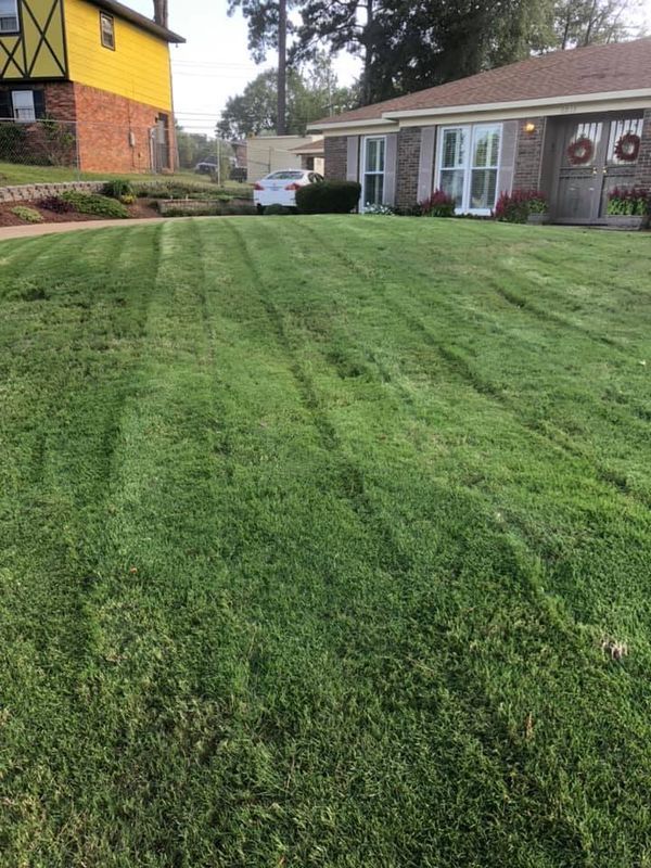 A lush green lawn in front of a house.