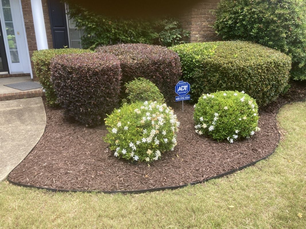 A lush green yard with bushes and flowers in front of a house.