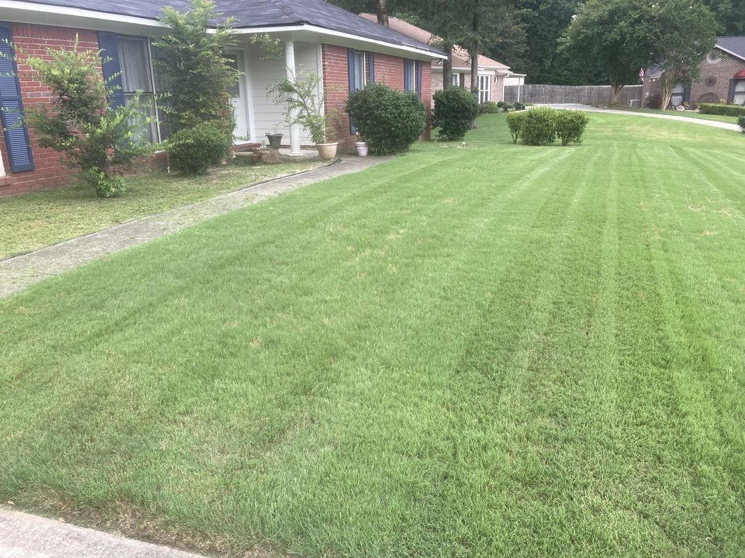 A lush green lawn in front of a brick house.