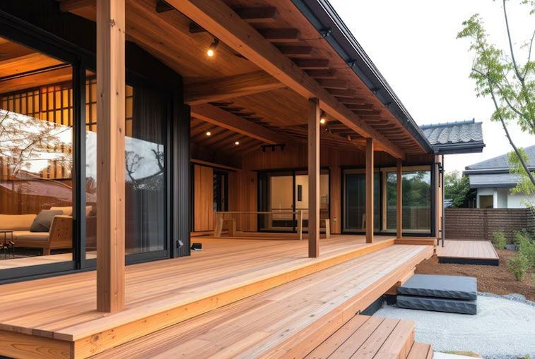 Wooden deck of a modern house, with a covered porch and sliding glass doors.