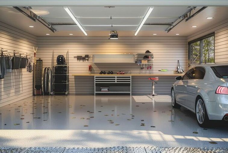 Clean, well-lit garage interior with a car parked inside, tools, and storage.