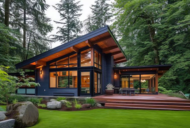 Modern wood-trimmed house with large windows, dark blue siding, and a sloping roof, surrounded by trees and a lawn.
