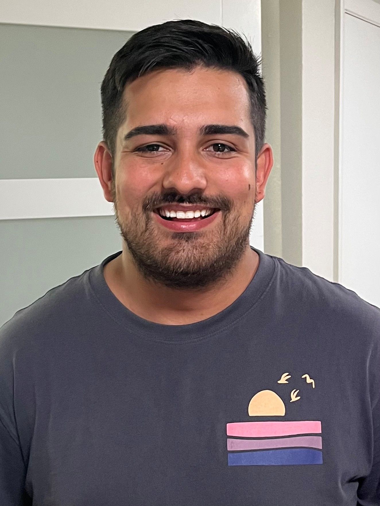 A man with a beard is wearing a t-shirt with a sunset on it.