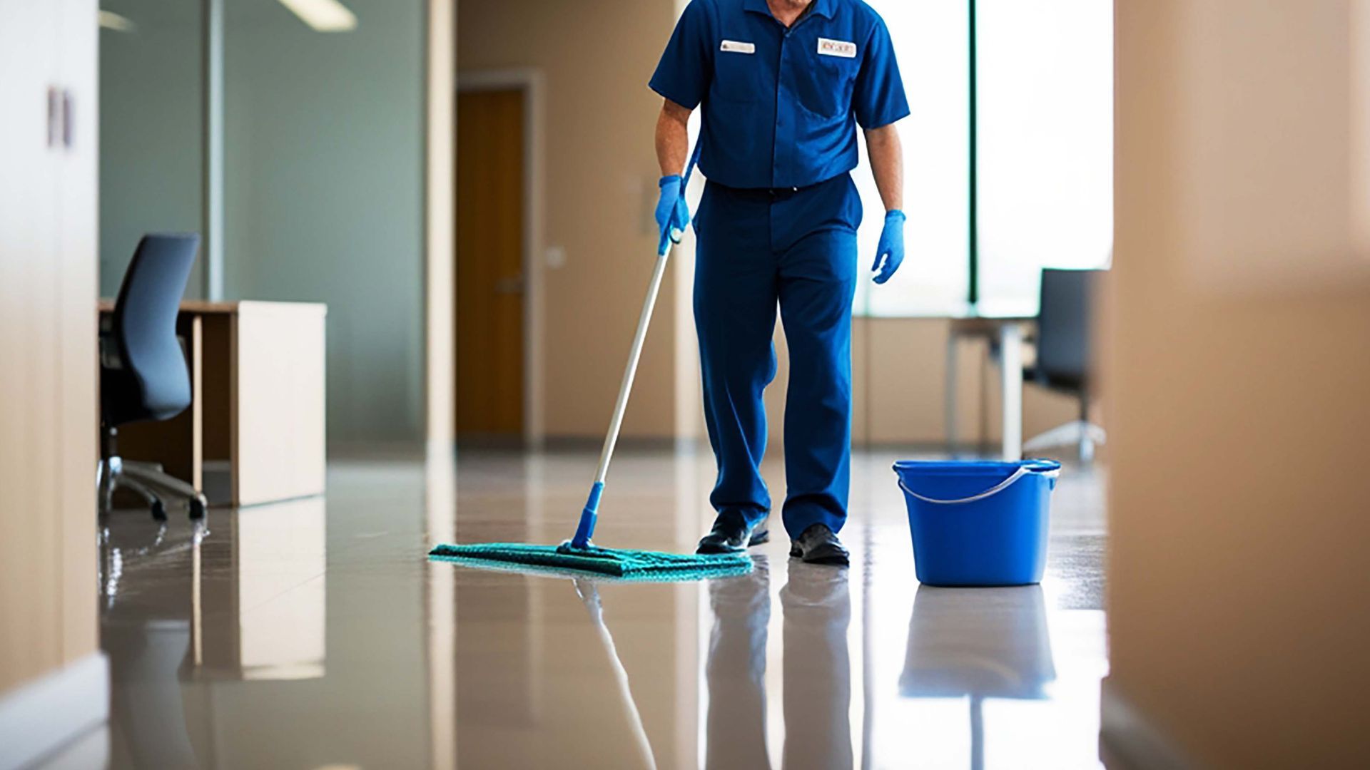 Person mopping a shiny, reflective floor in an office hallway. A blue bucket sits nearby.
