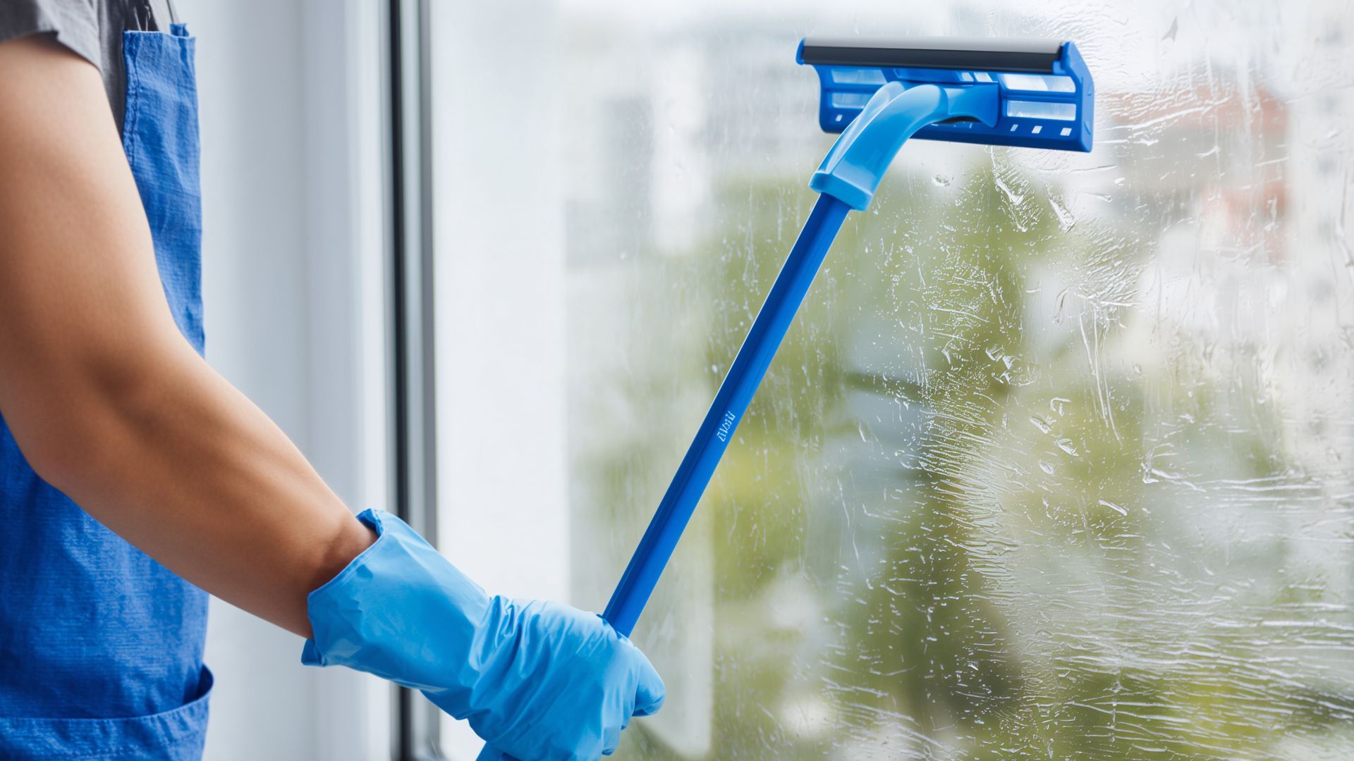 Person in blue gloves and apron cleaning a window with a blue squeegee.
