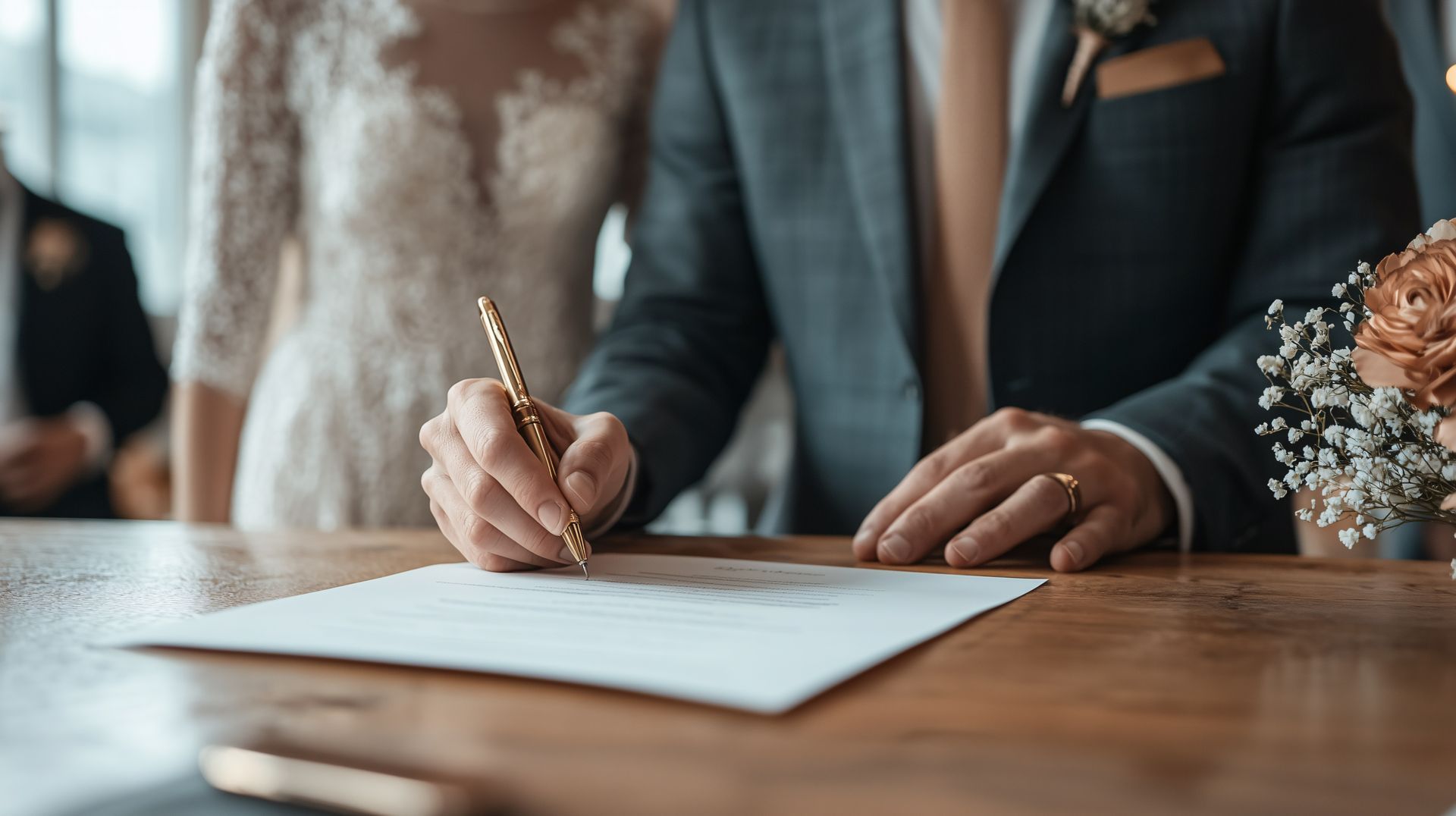 A person in a suit signs a wedding document on a wooden table, with their partner in a lace dress standing nearby.