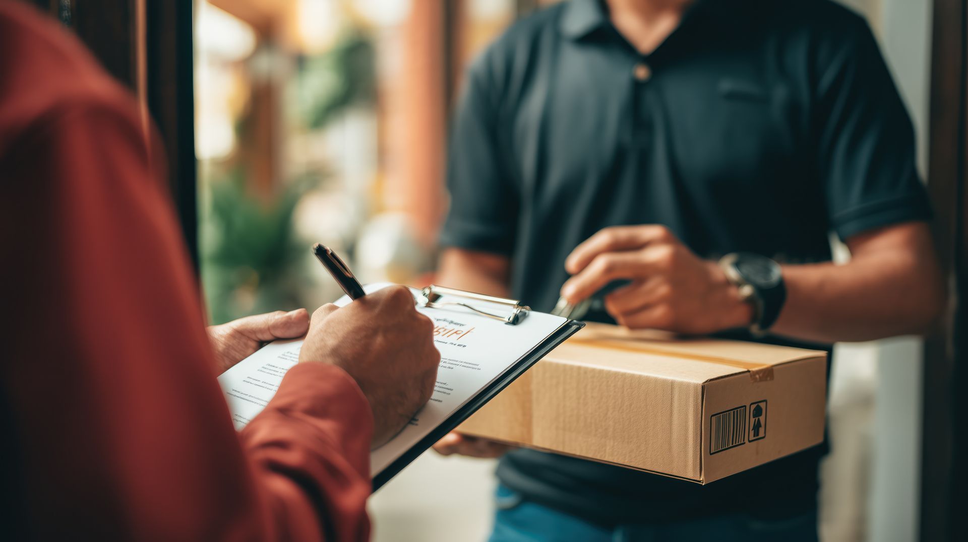 signing paper and a deliveryman standing
