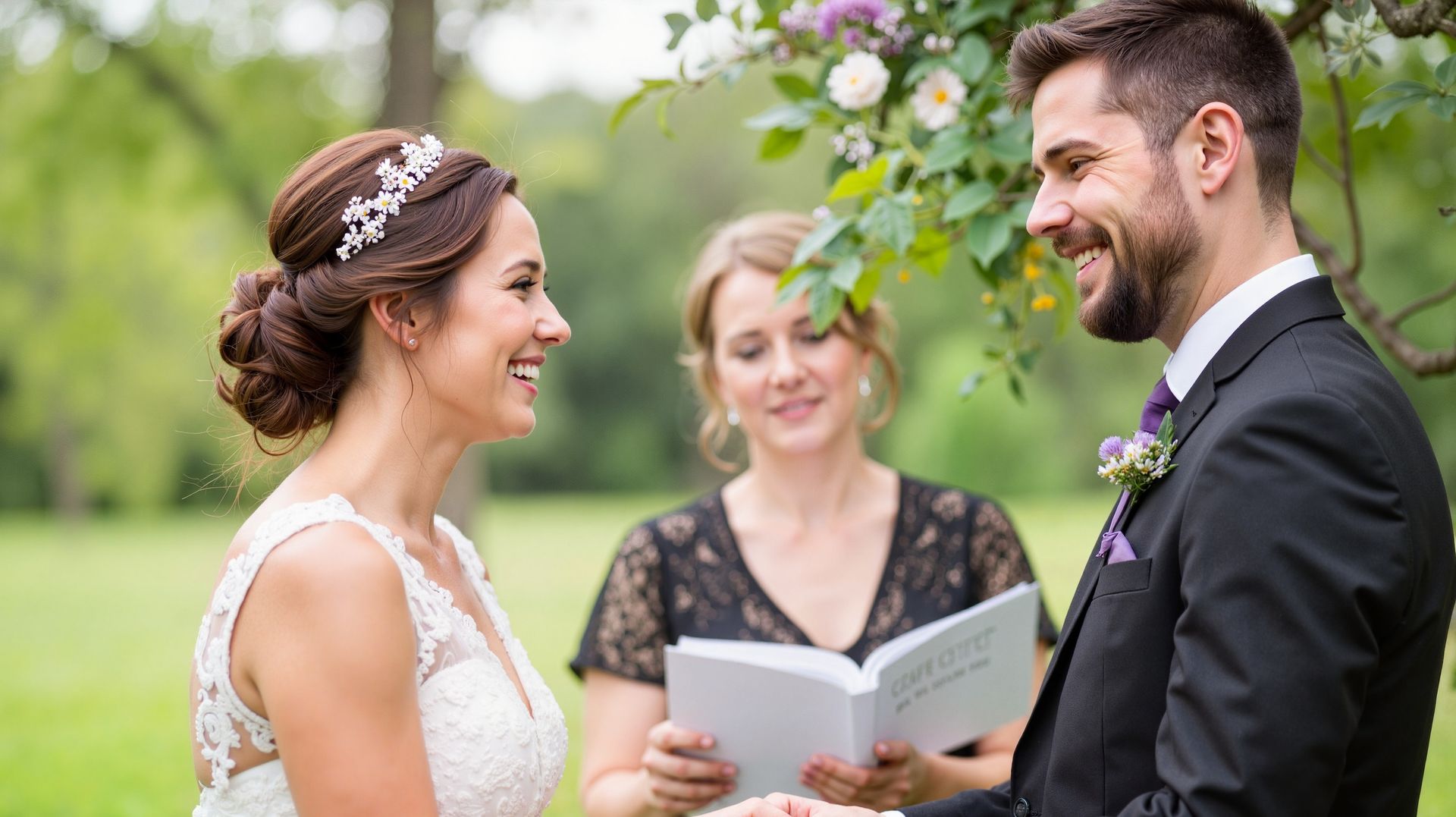 Bride and groom smiling at each other during an outdoor wedding ceremony, officiant in background. Green foliage.