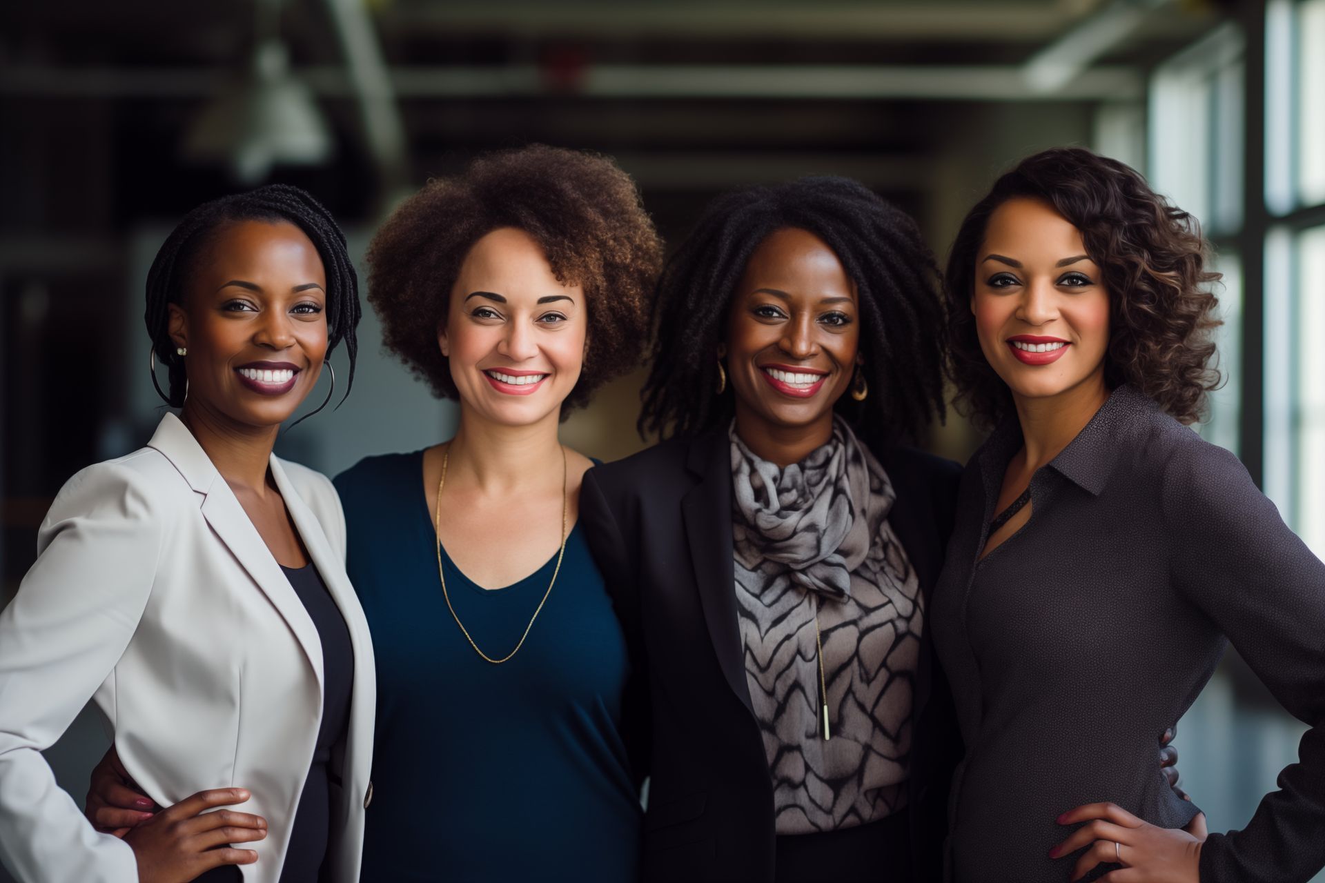 Four smiling people stand side-by-side in a professional setting, wearing business-casual attire.
