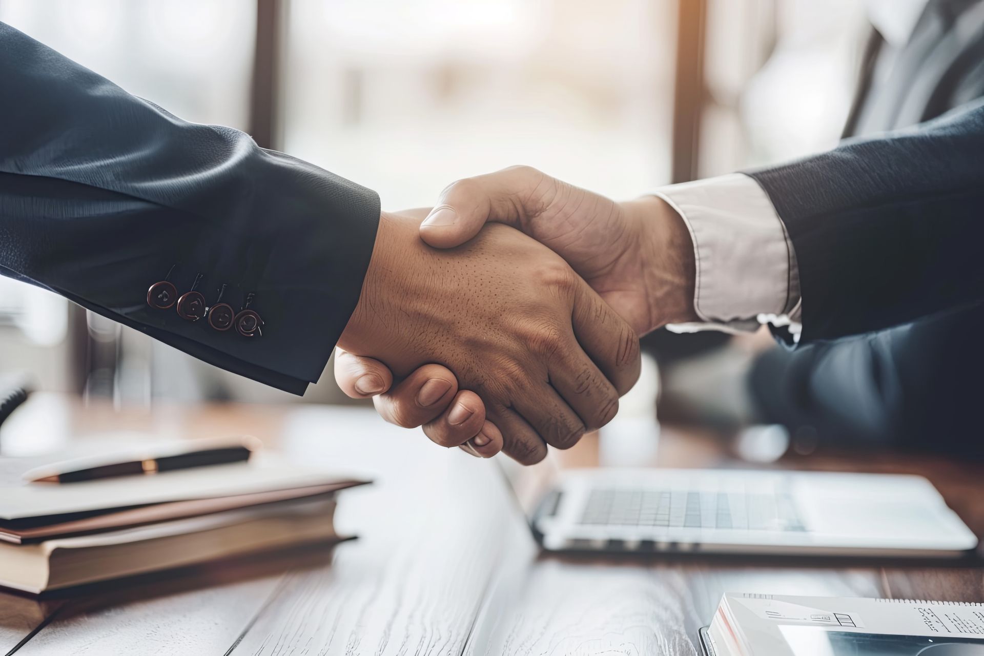 Two people in suits shaking hands at a table, possibly sealing a deal.