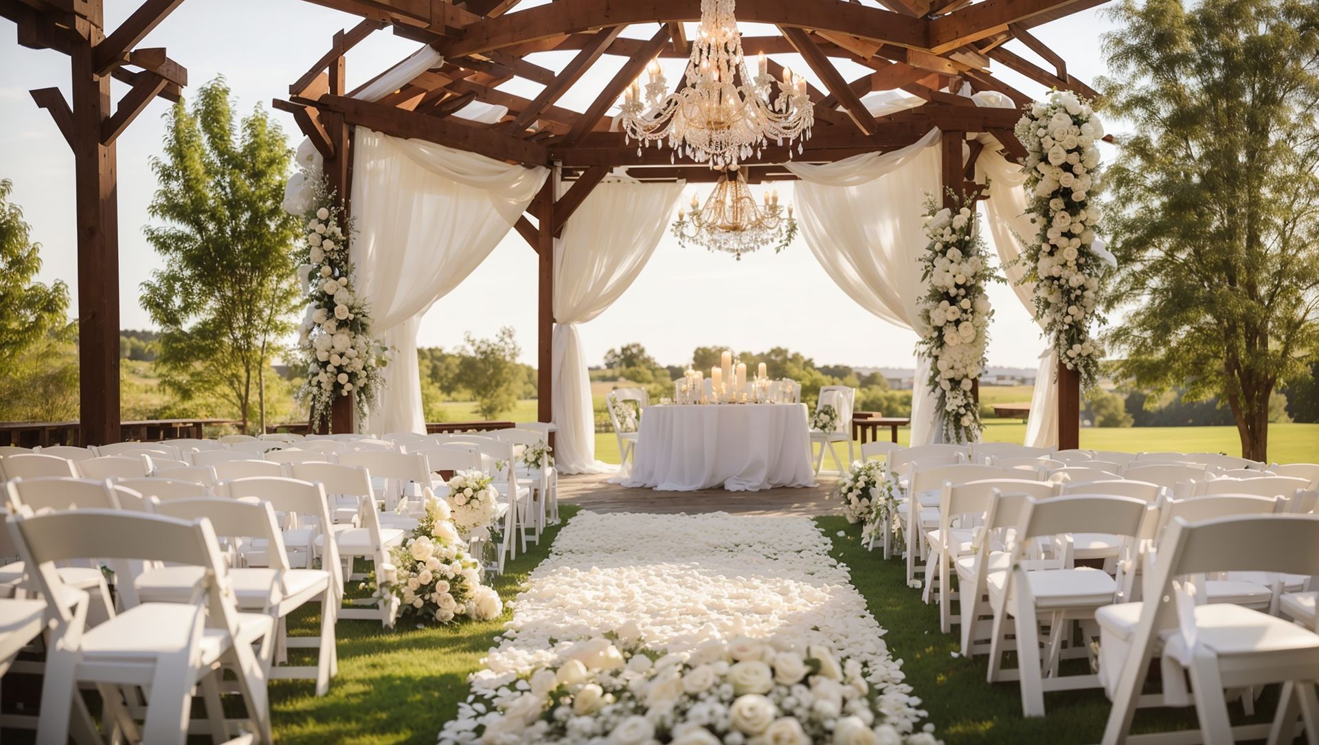 Outdoor wedding ceremony setup with white chairs, a flower-lined aisle, and an altar under a draped wooden pavilion.