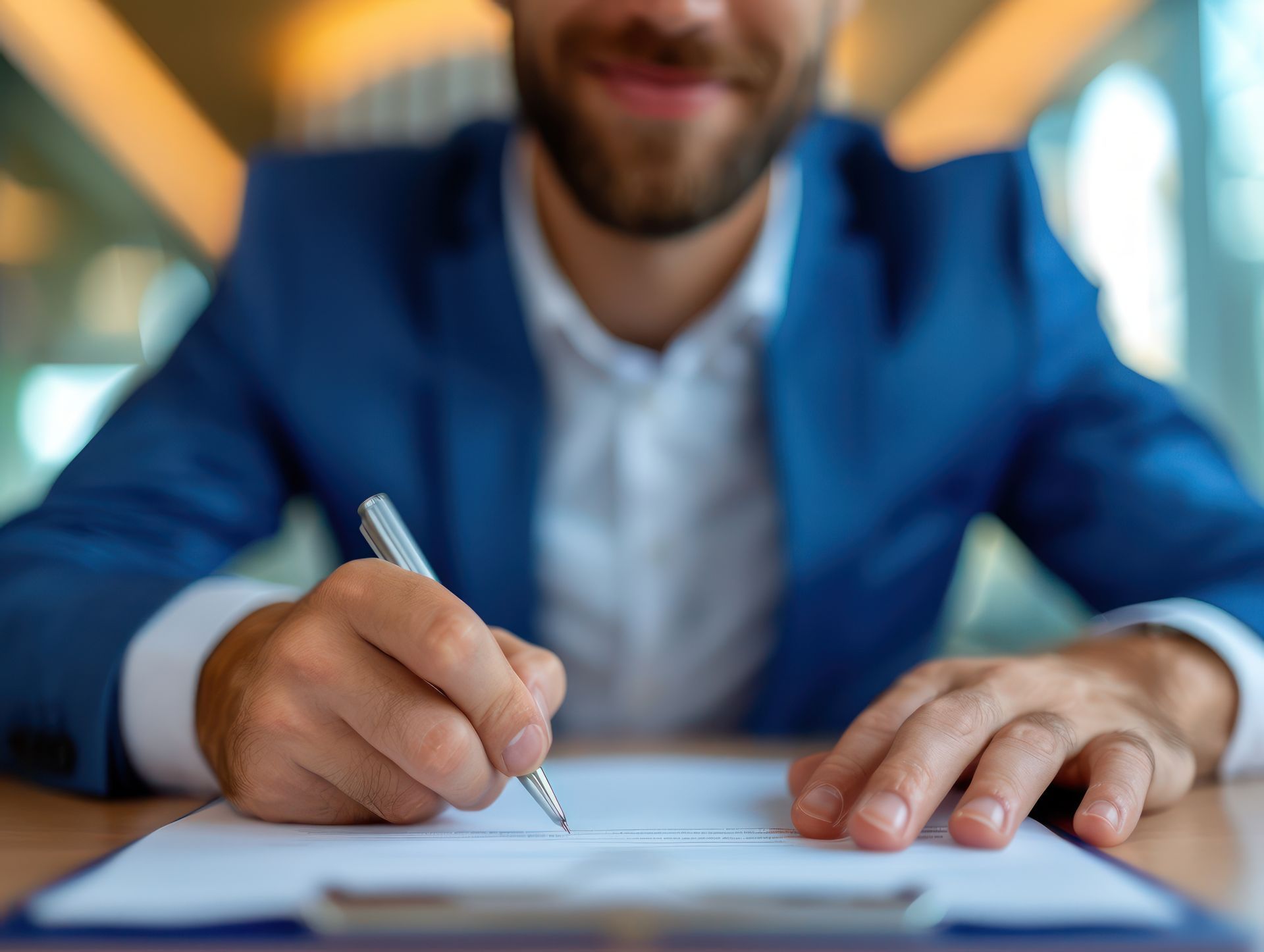 man holding pen and signing