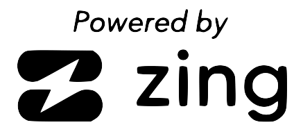 A black and white logo that says `` powered by zing ''.