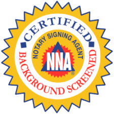 A circular yellow and white NNA Certified Notary Signing Agent seal with a blue triangle logo and red text.