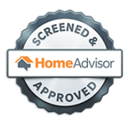 A screened and home advisor approved seal on a white background