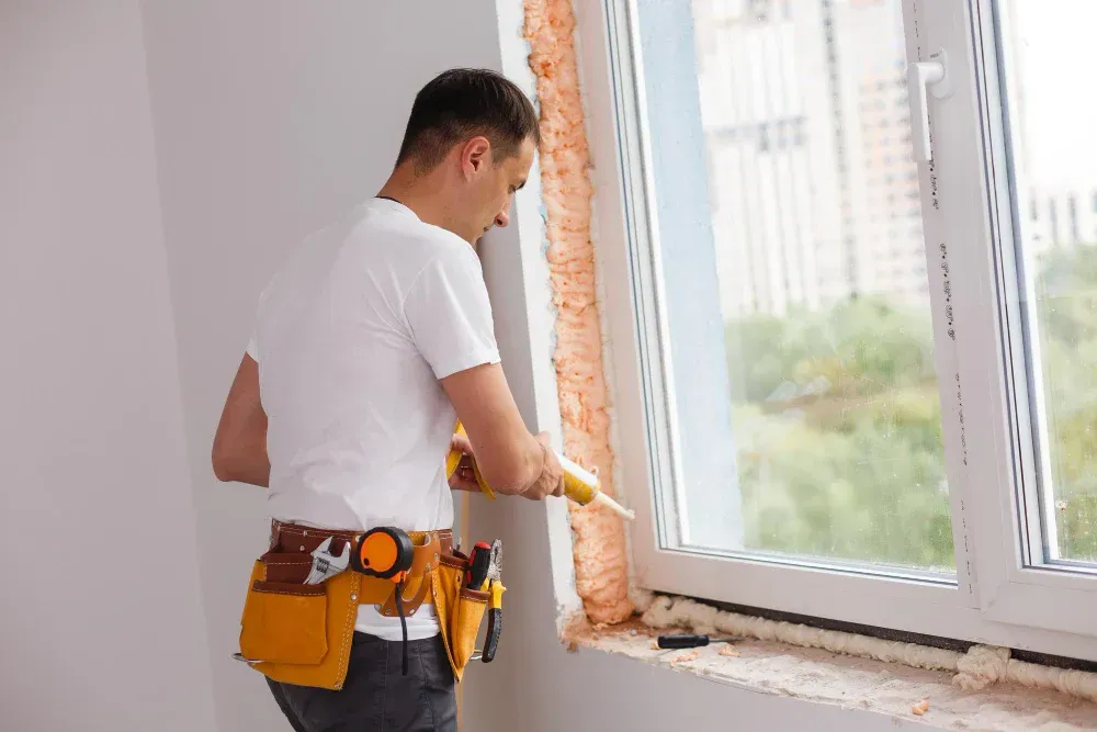 Man sealing a window with expanding foam, wearing a tool belt, indoors.