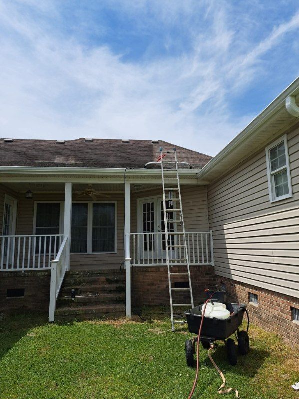 A ladder leaned against a house roof; a person may be cleaning gutters. A wheelbarrow sits on the grass.