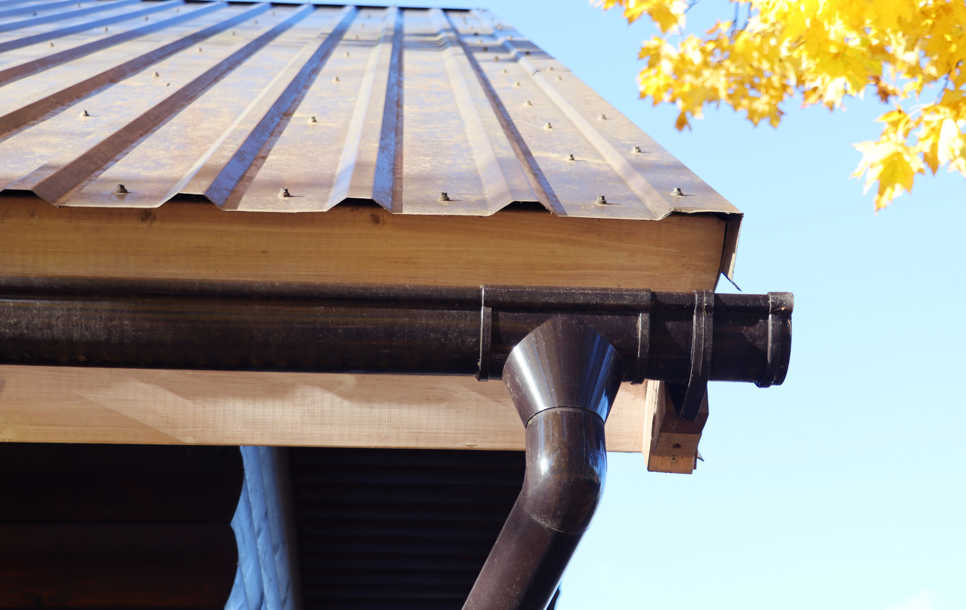 Brown metal roof with matching gutters, wooden trim, and fall foliage against a blue sky.