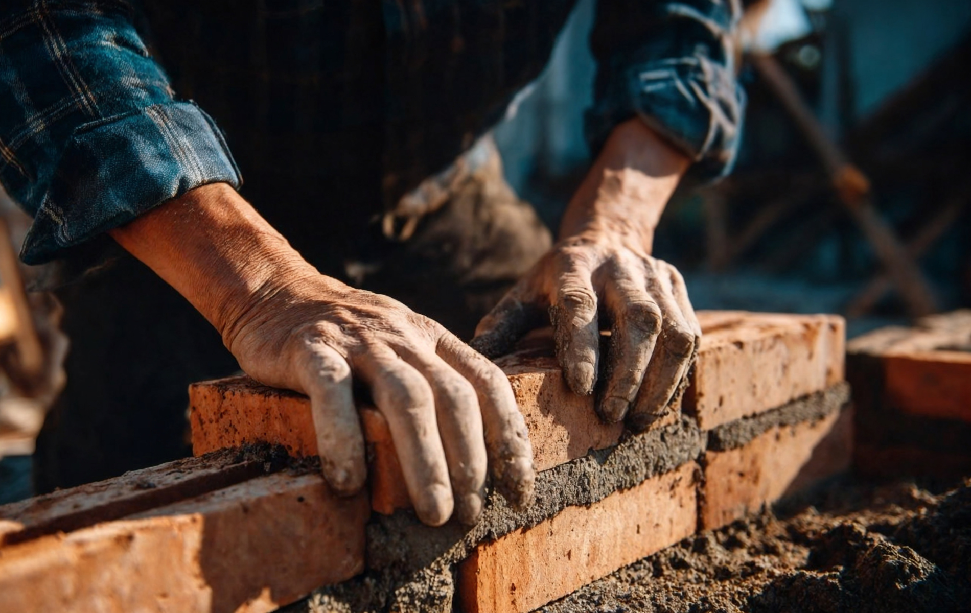 Hands of a bricklayer laying red bricks with mortar.