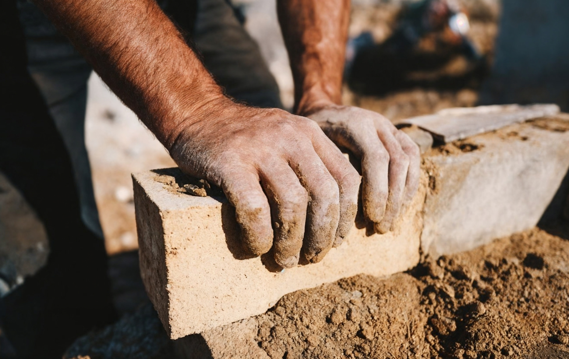 Person's hands placing a brick on mortar.