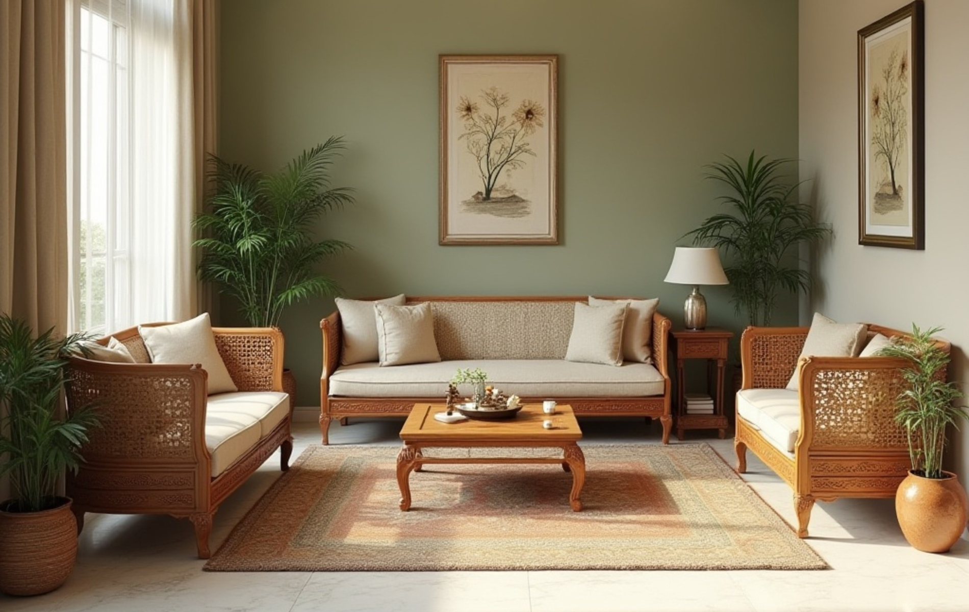 Living room with wooden furniture, green walls, and plants.
