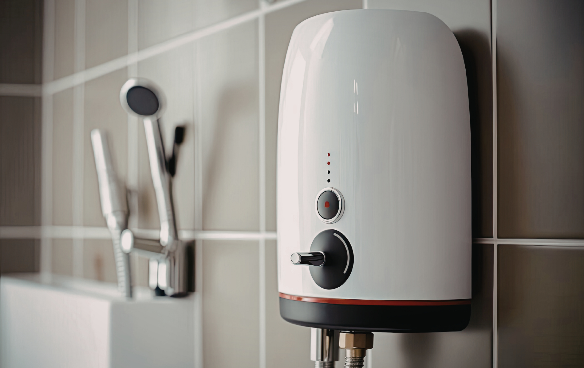 White electric water heater on tiled bathroom wall next to a chrome shower fixture.