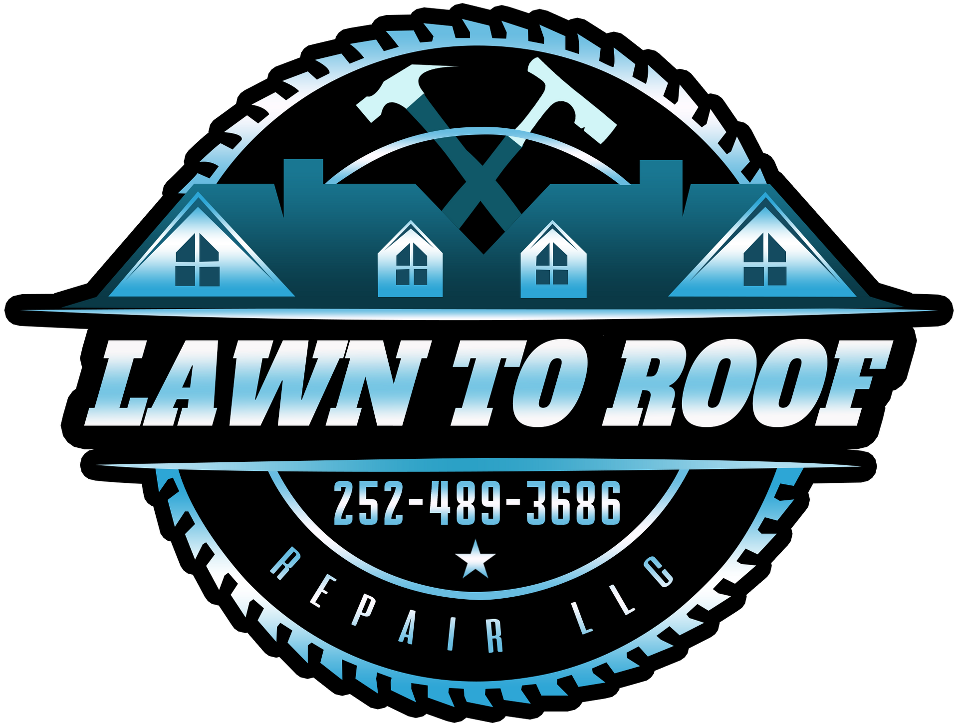 Logo for Lawn to Roof Repair LLC; houses, tools, and phone number in blue and black.