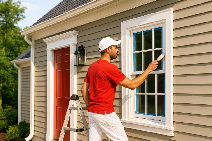 Man painting a window frame on a house exterior. Red door and light gray siding.