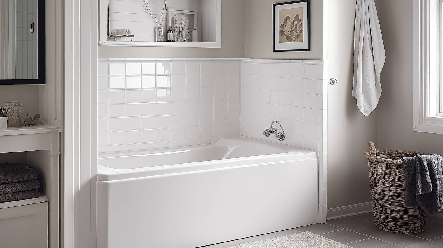White bathtub with tiled backsplash in a neutral-toned bathroom. A basket and a window are visible.