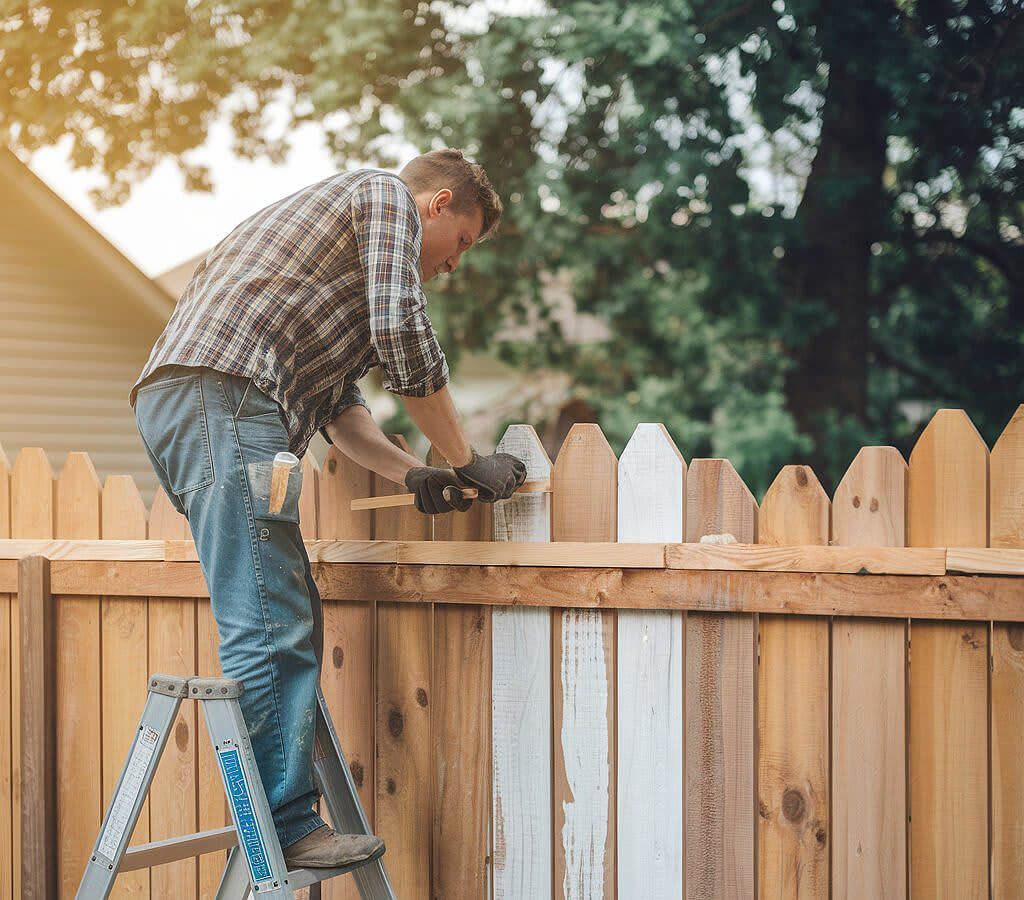 Man painting a wooden fence white, standing on a step ladder outdoors.