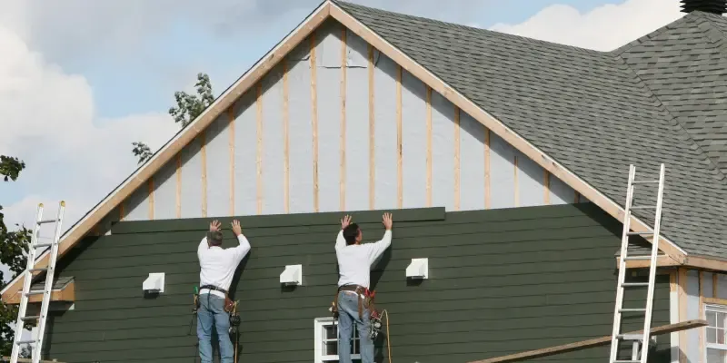 Two people install dark green siding on a house under construction.