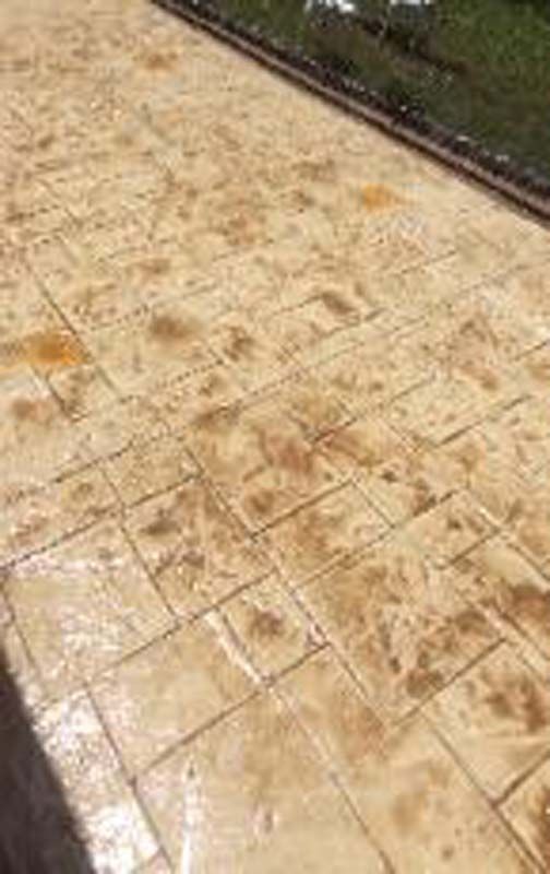 A close up of a concrete walkway with a fence in the background.